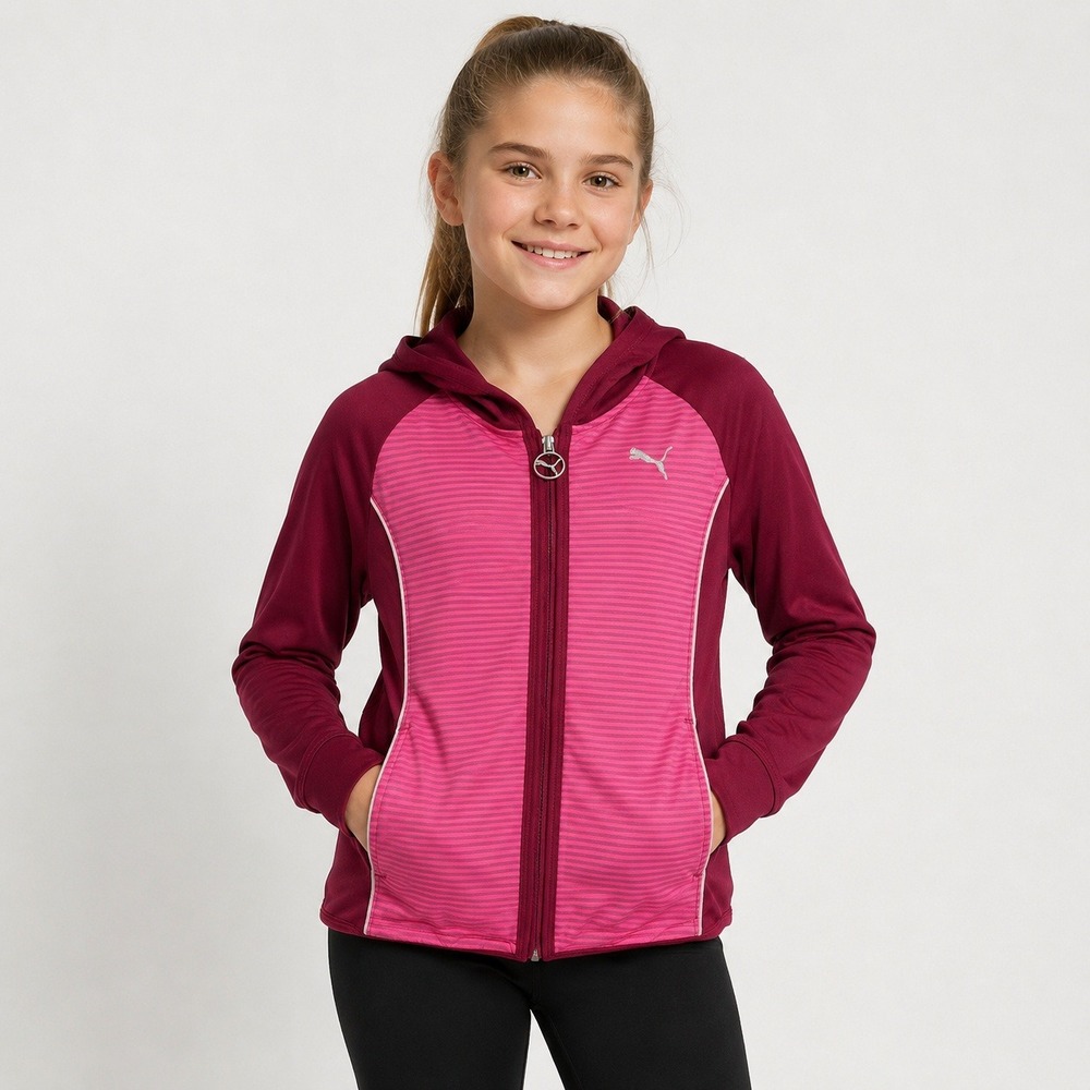 Puma Girls M Full Zip Hoodie Pink Burgundy Striped Athletic Jacket